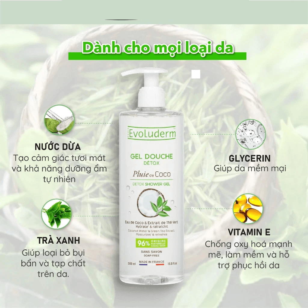 Evoluderm Gel tắm Detox tinh chất Dừa Trà xanh 500ml thumb 3