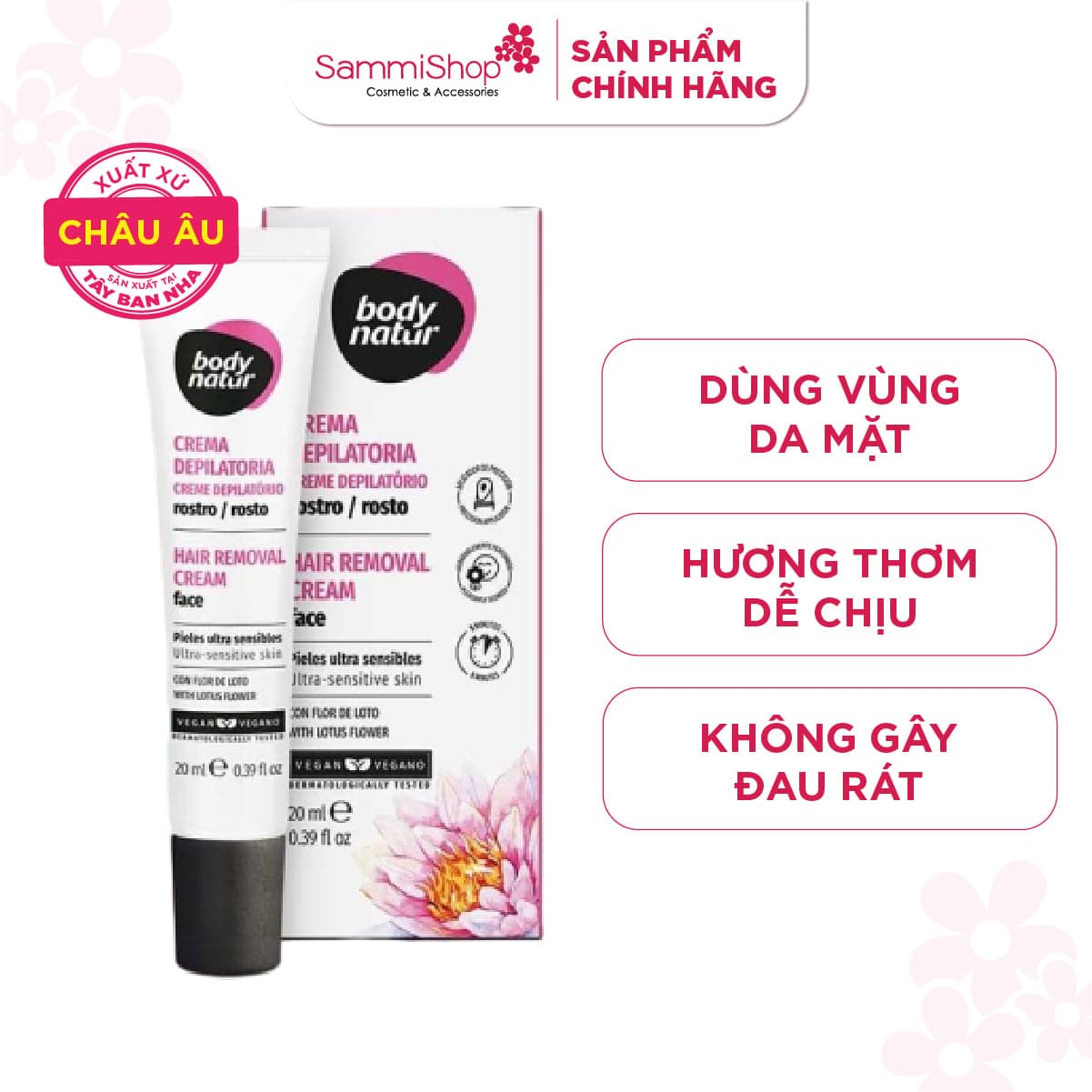 Body Natur Kem Tẩy Lông Hair Removal Cream Face Ultra-Sensitive Skin With Lotus Flower 20ml thumb 1