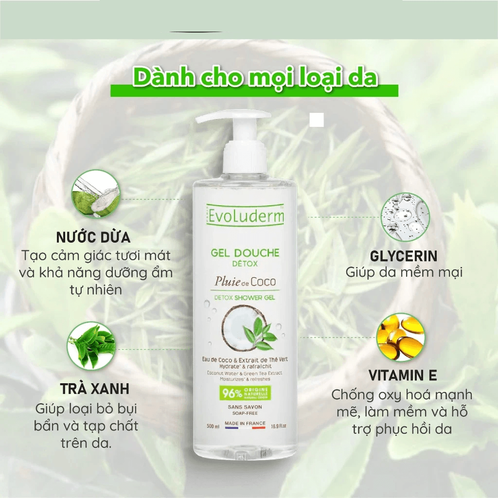 Evoluderm Gel tắm Detox tinh chất Dừa Trà xanh 500ml 3