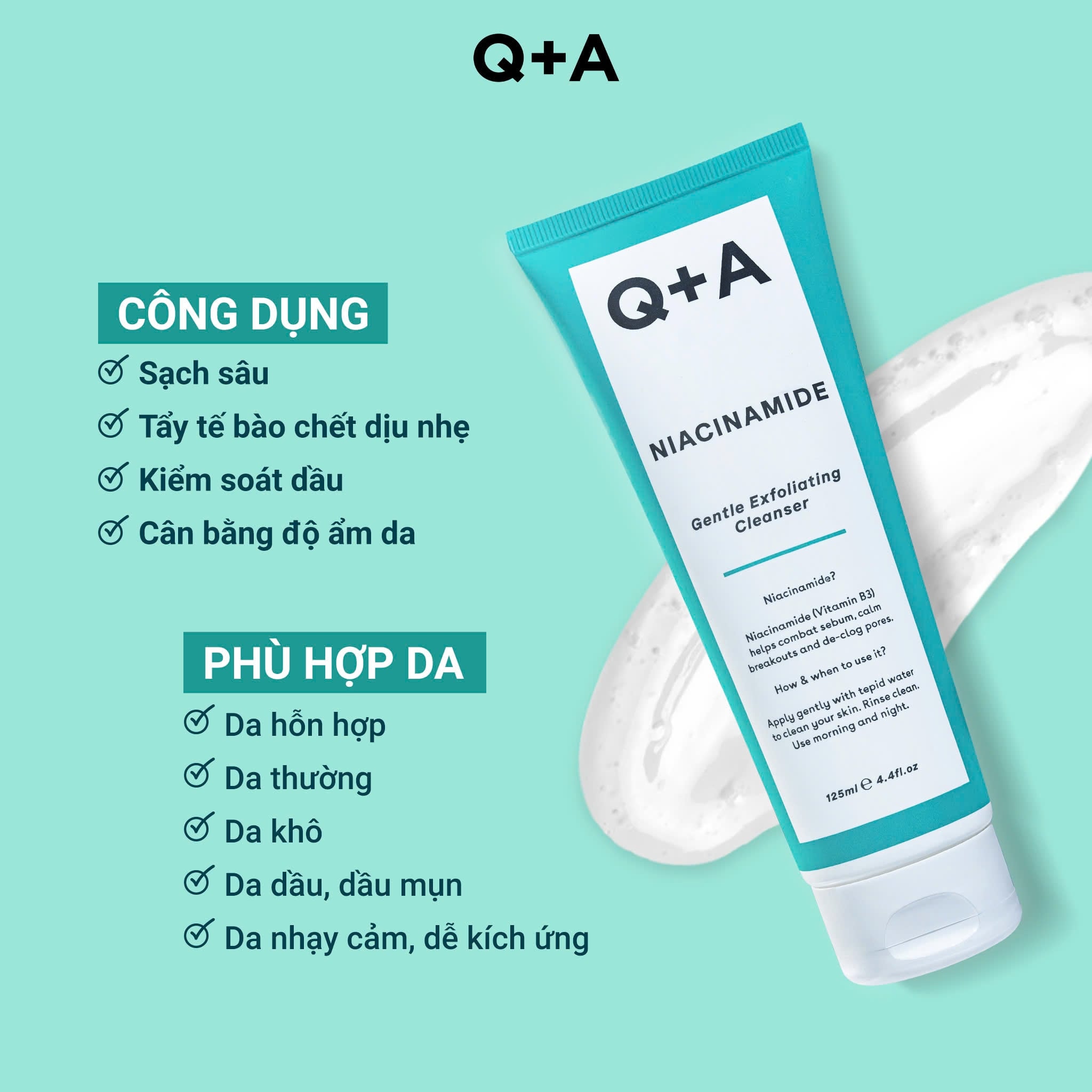 Q+A Sữa rửa mặt Niacinamide Gentle Exfoliating Cleanser 125ml 6