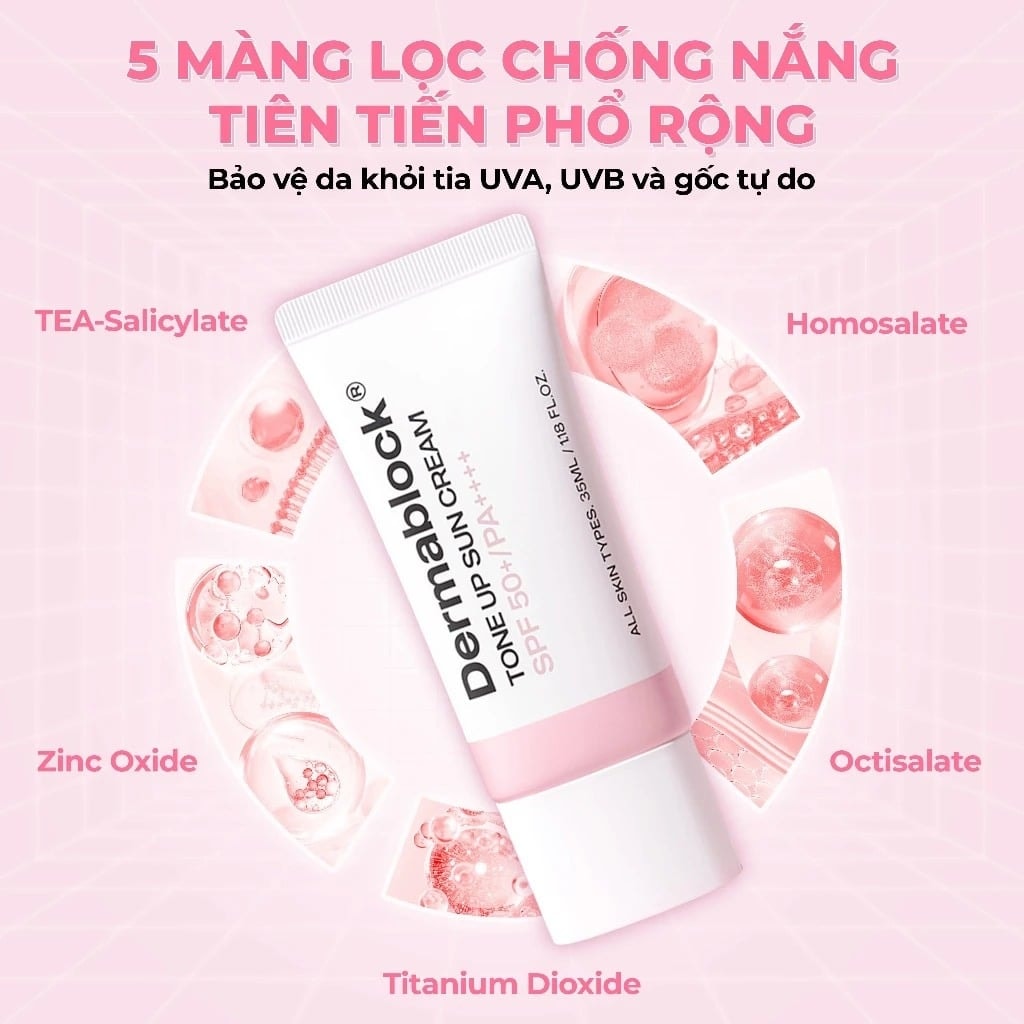 Dermablock Kem chống nắng Tone Up Sun Cream SPF50+PA++++ 35ml 6