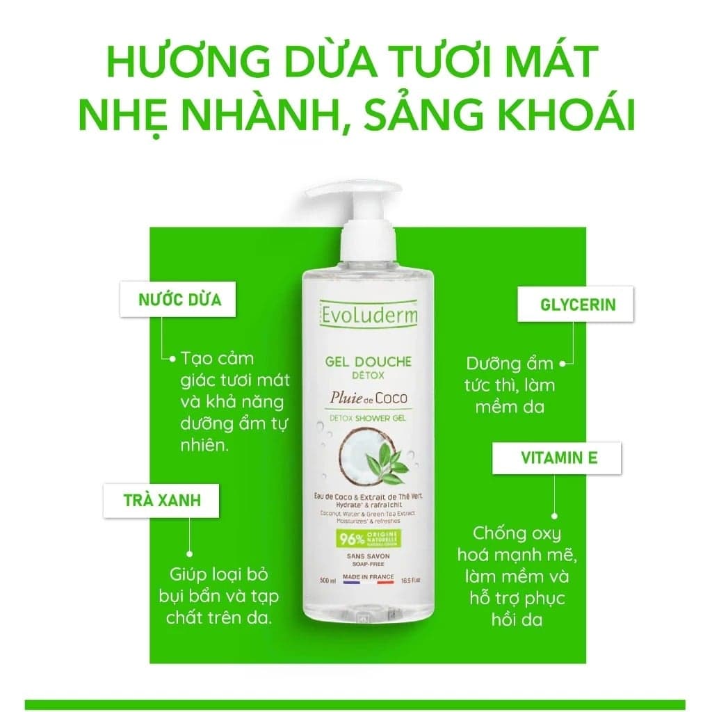 Evoluderm Gel tắm Detox tinh chất Dừa Trà xanh 500ml thumb 4