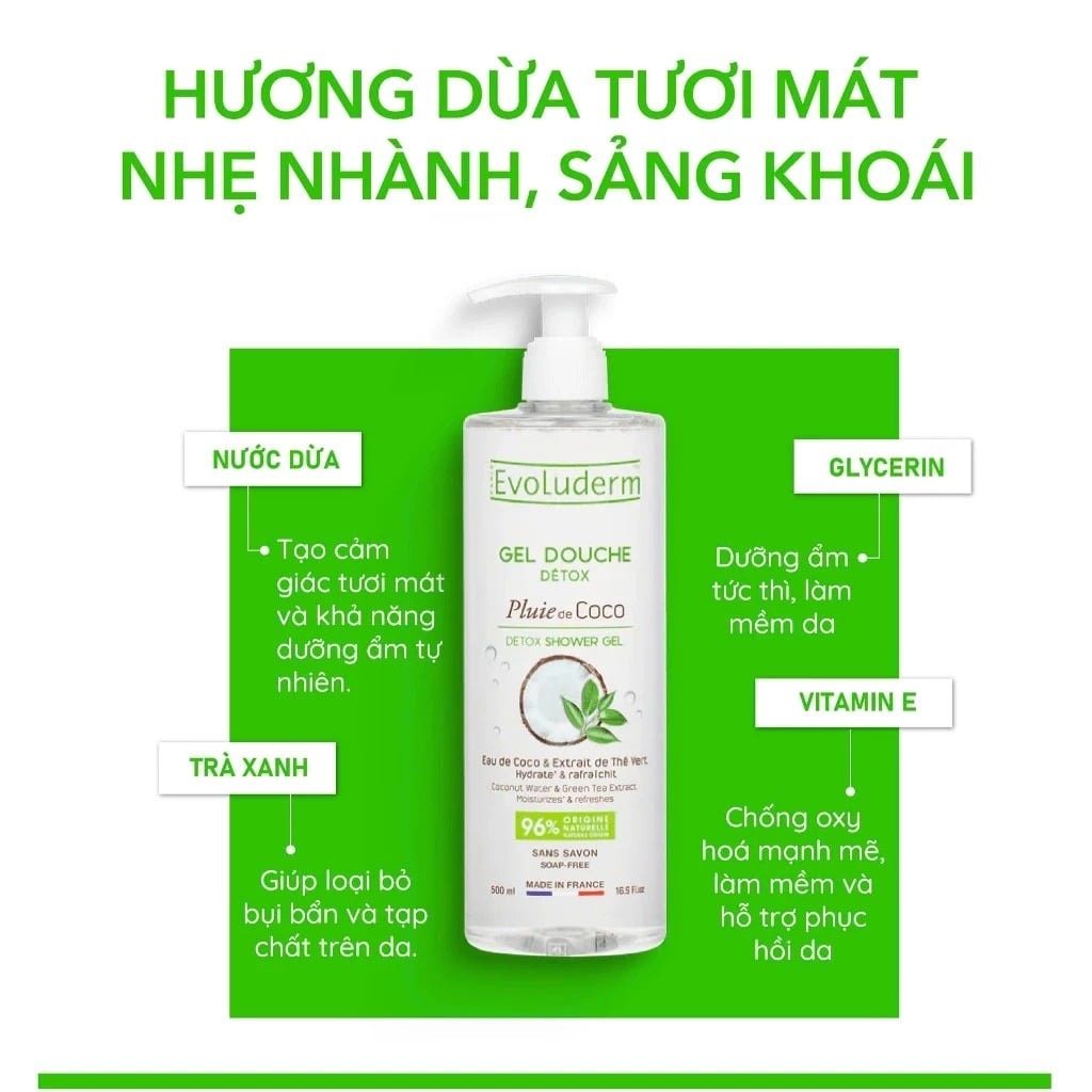 Evoluderm Gel tắm Detox tinh chất Dừa Trà xanh 500ml 4