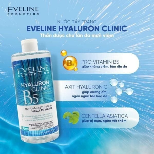 Eveline Nước tẩy trang Hyaluron Clinic B5 Ultra-Moisturising Micellar Water 500ml 3