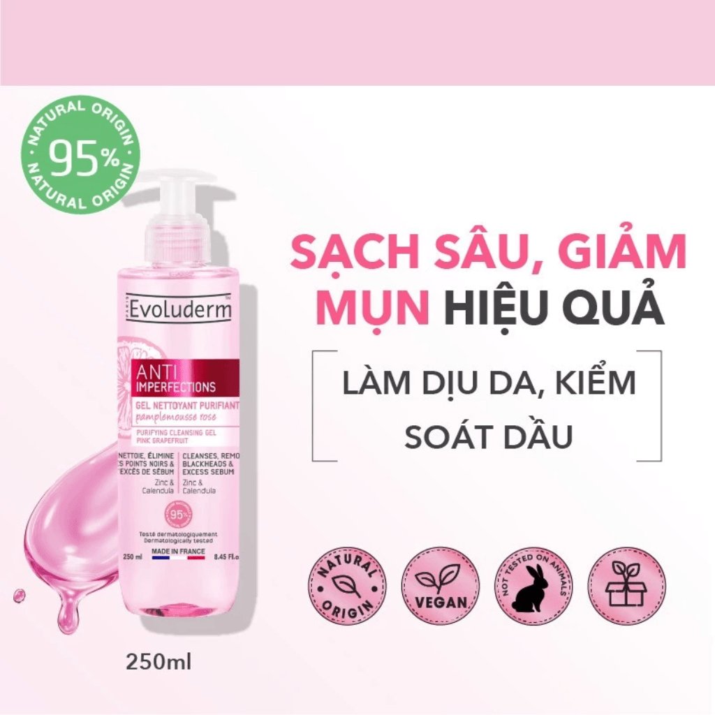 Evoluderm Gel rửa mặt Anti Imperfections Purifying Cleansing Gel Pink Grapefruit ZinC & Calendula 250ml 1