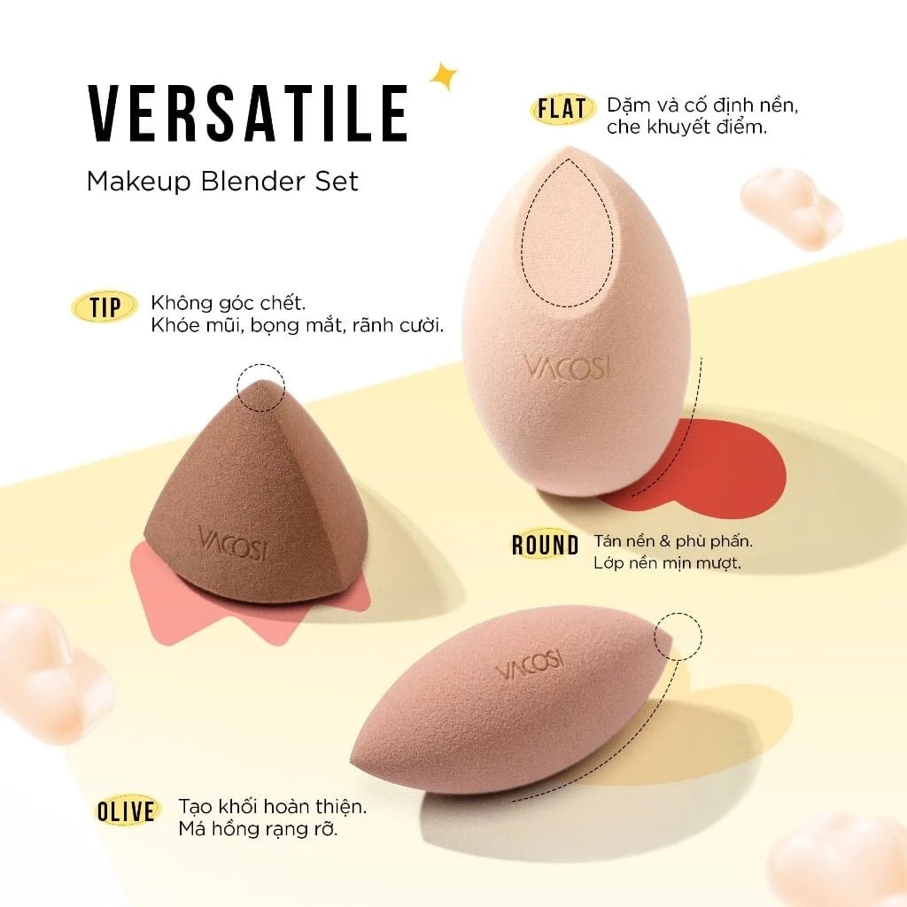 Vacosi Set 3 Bông Đa Diện Nâu Versatile Makeup Blender Set 2