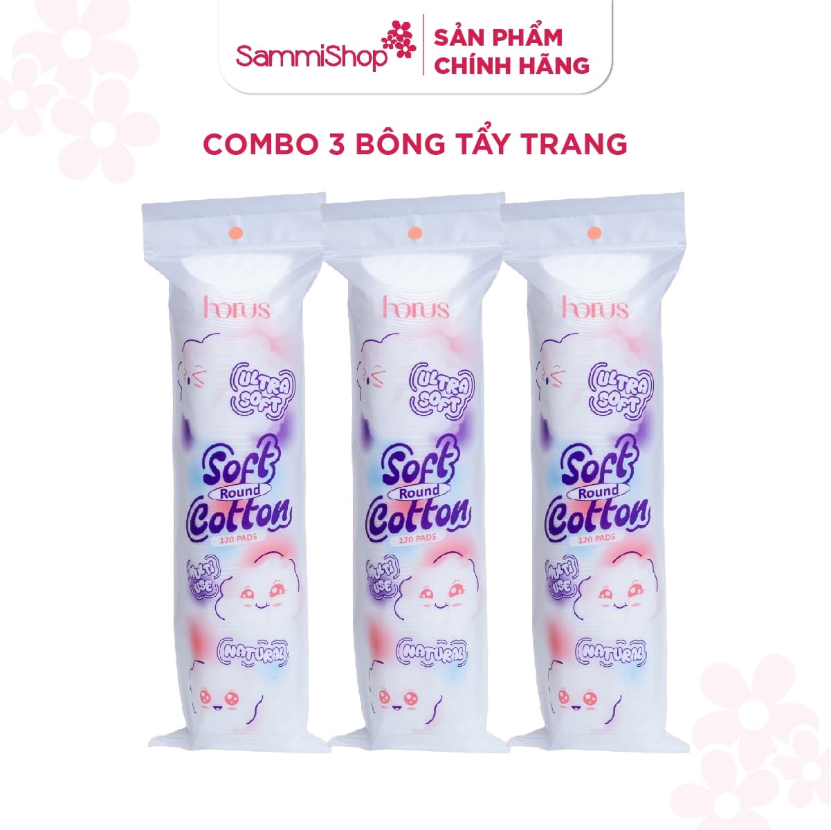 CB10 Combo 3 Horus Bông tẩy trang tròn Round Soft Cotton Pads 120 pads - Ultra Soft thumb 2