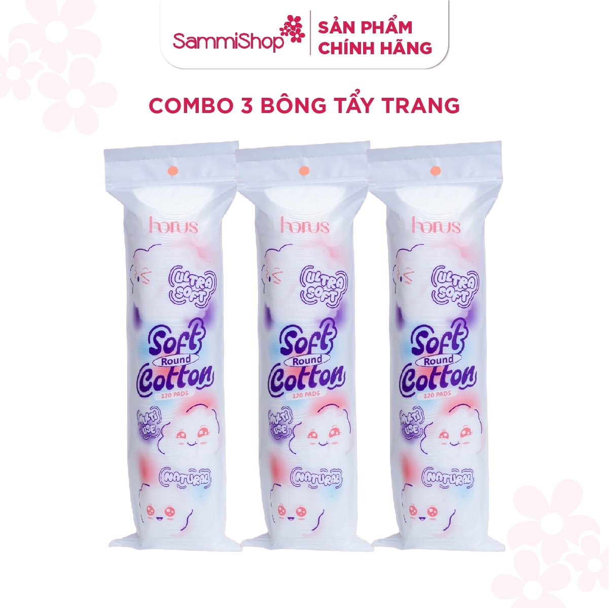CB10 Combo 3 Horus Bông tẩy trang tròn Round Soft Cotton Pads 120 pads - Ultra Soft 2