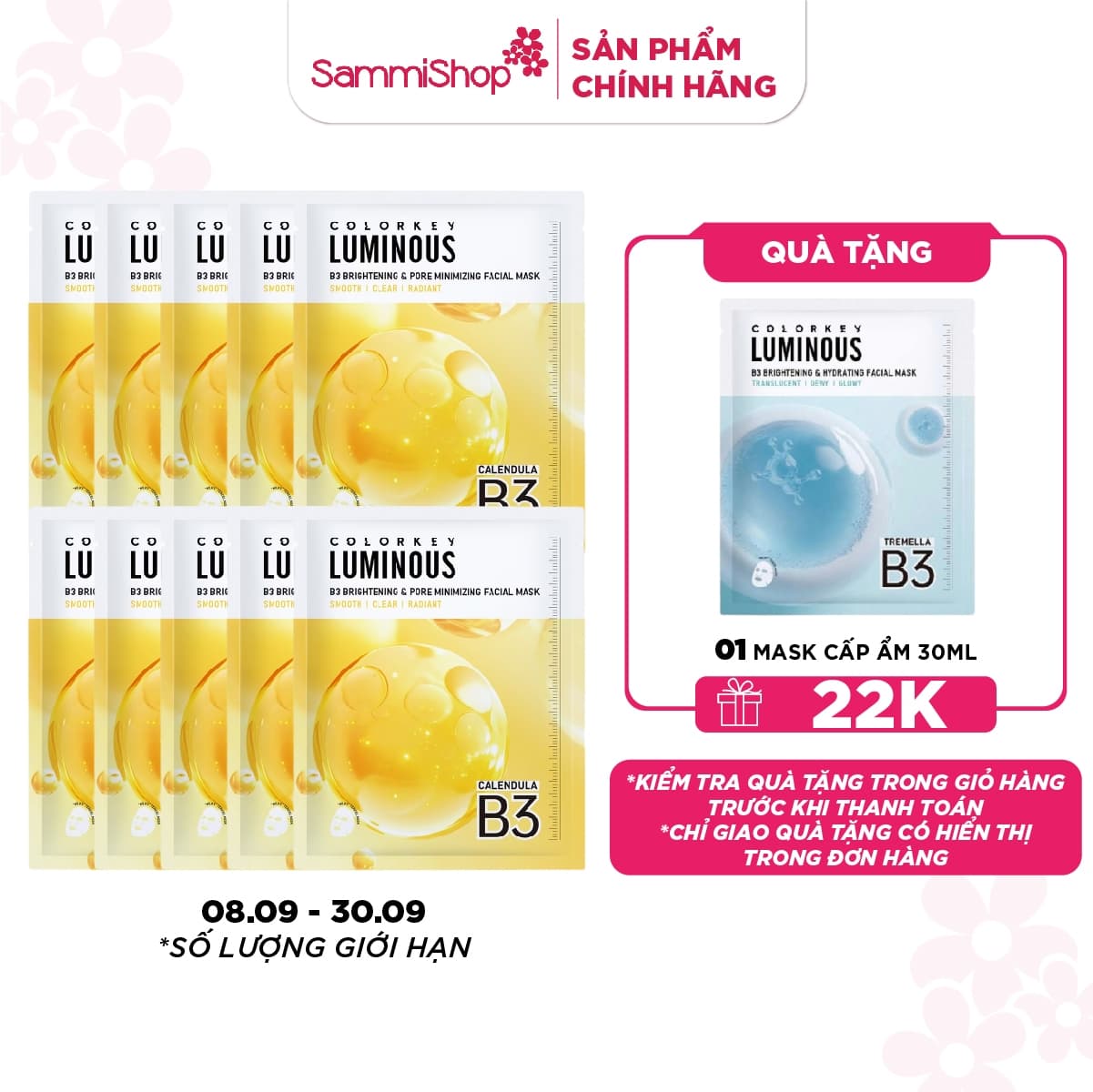 08.09 - 30.09 COMBO 10 COLORKEY Mặt nạ giấy Luminous B3 Facial Mask 30ml thumb 2