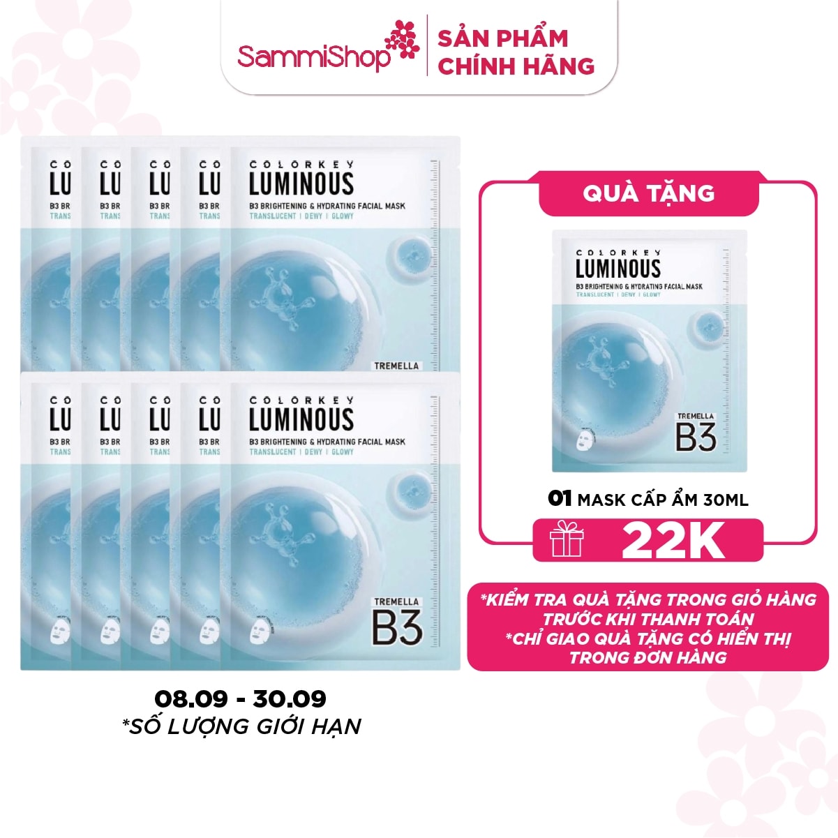 08.09 - 30.09 COMBO 10 COLORKEY Mặt nạ giấy Luminous B3 Facial Mask 30ml 4