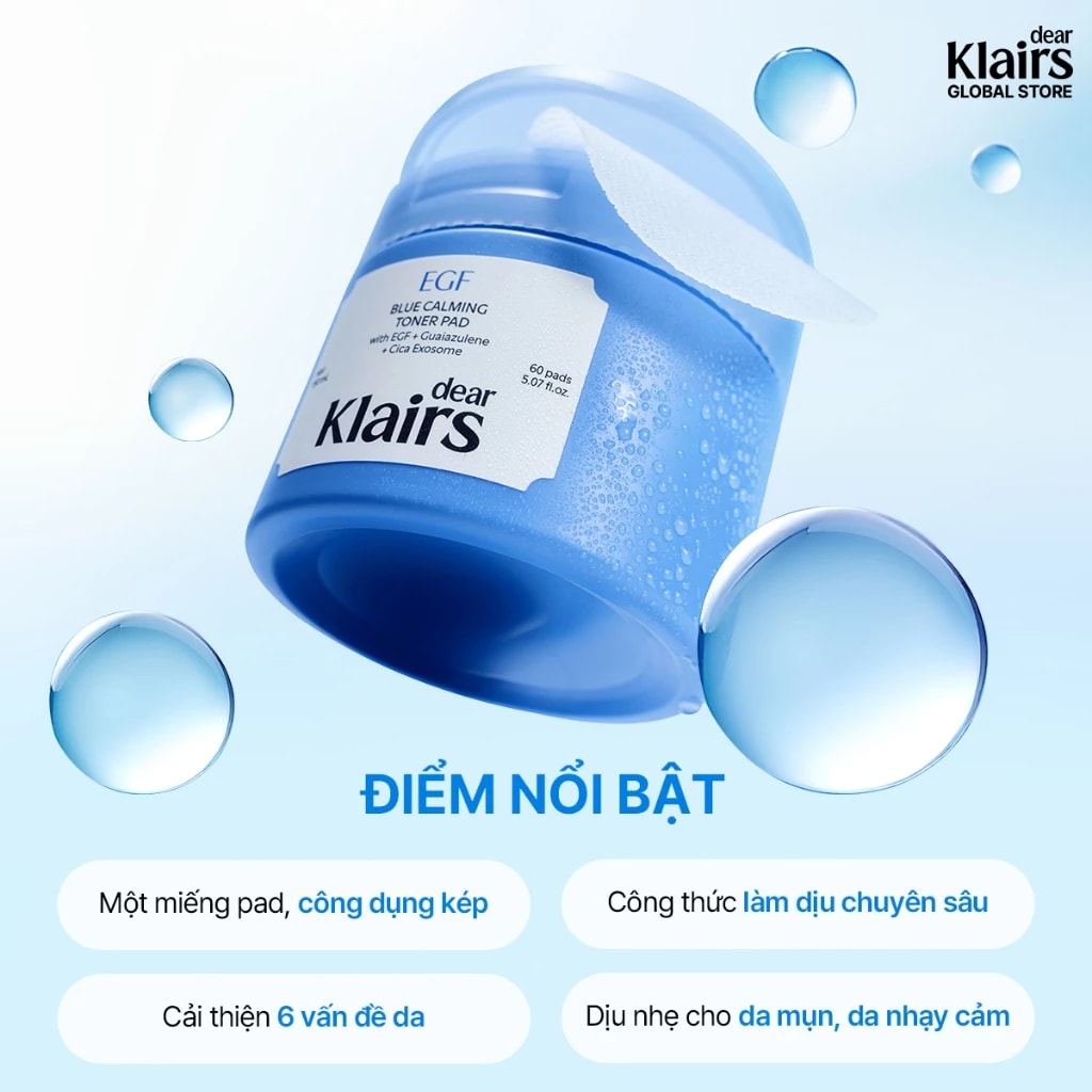 dear Klairs Miếng cotton thấm nước hoa hồng EGF Blue Calming Toner Pad 150ml 3