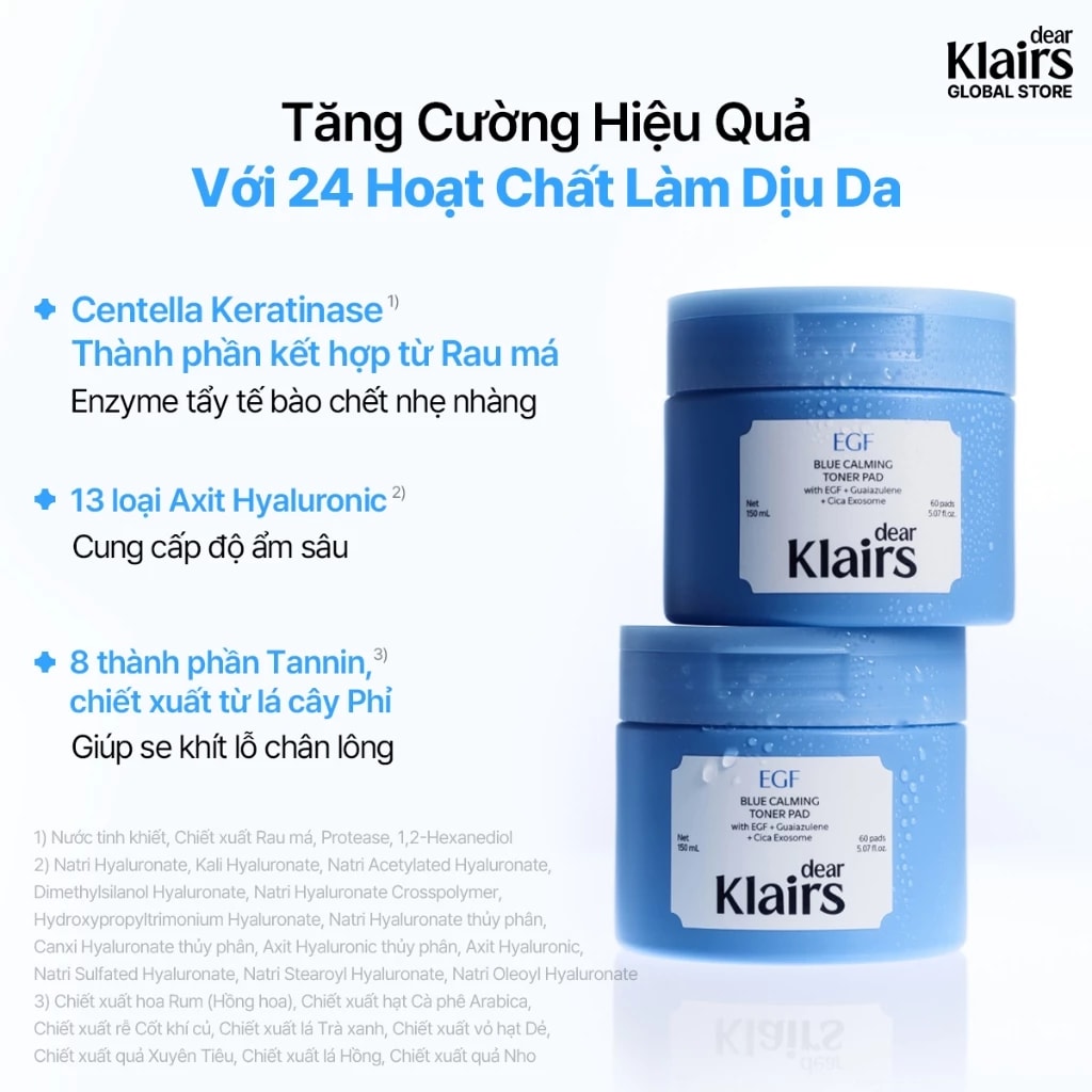 dear Klairs Miếng cotton thấm nước hoa hồng EGF Blue Calming Toner Pad 150ml 5