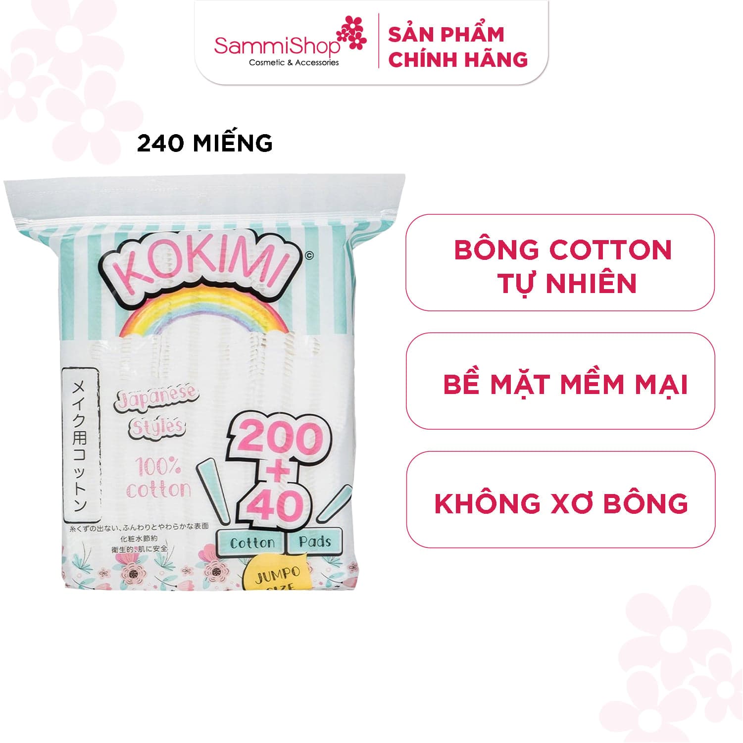 Kokimi Bông tẩy trang Nhật Bản 240 miếng vuông thumb 1