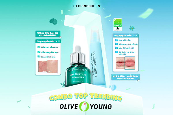 COMBO “DA KHỎE – MÔI MƯỢT” TOP TRENDING OLIVE YOUNG: SERUM KẼM RAU MÁ × SON DƯỠNG BAMBOO BRINGGREEN