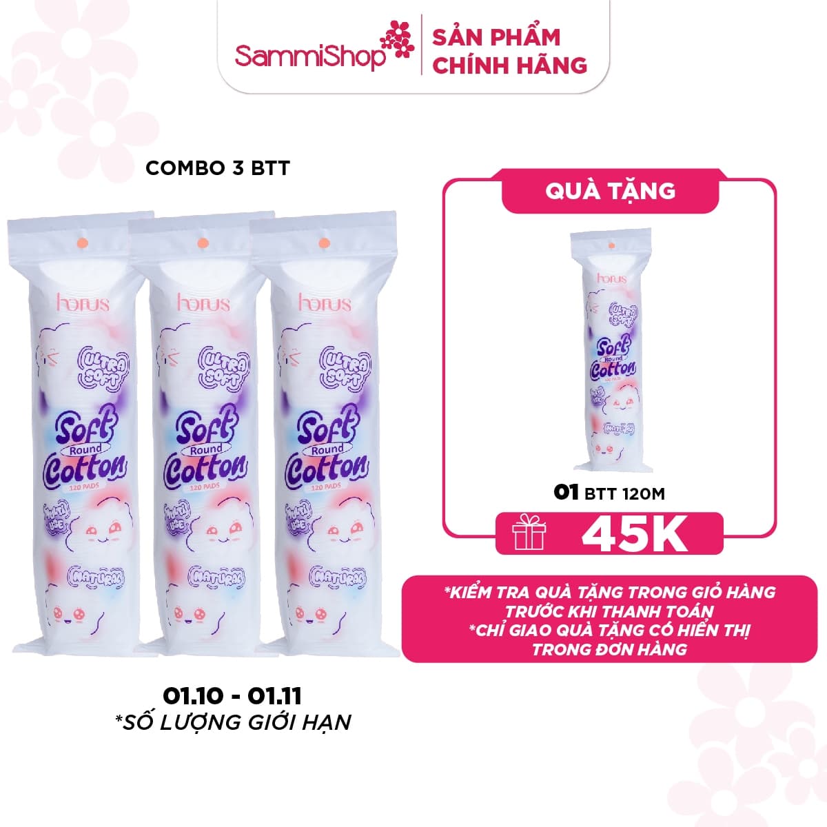 CB10 Combo 3 Horus Bông tẩy trang tròn Round Soft Cotton Pads 120 pads - Ultra Soft thumb 1