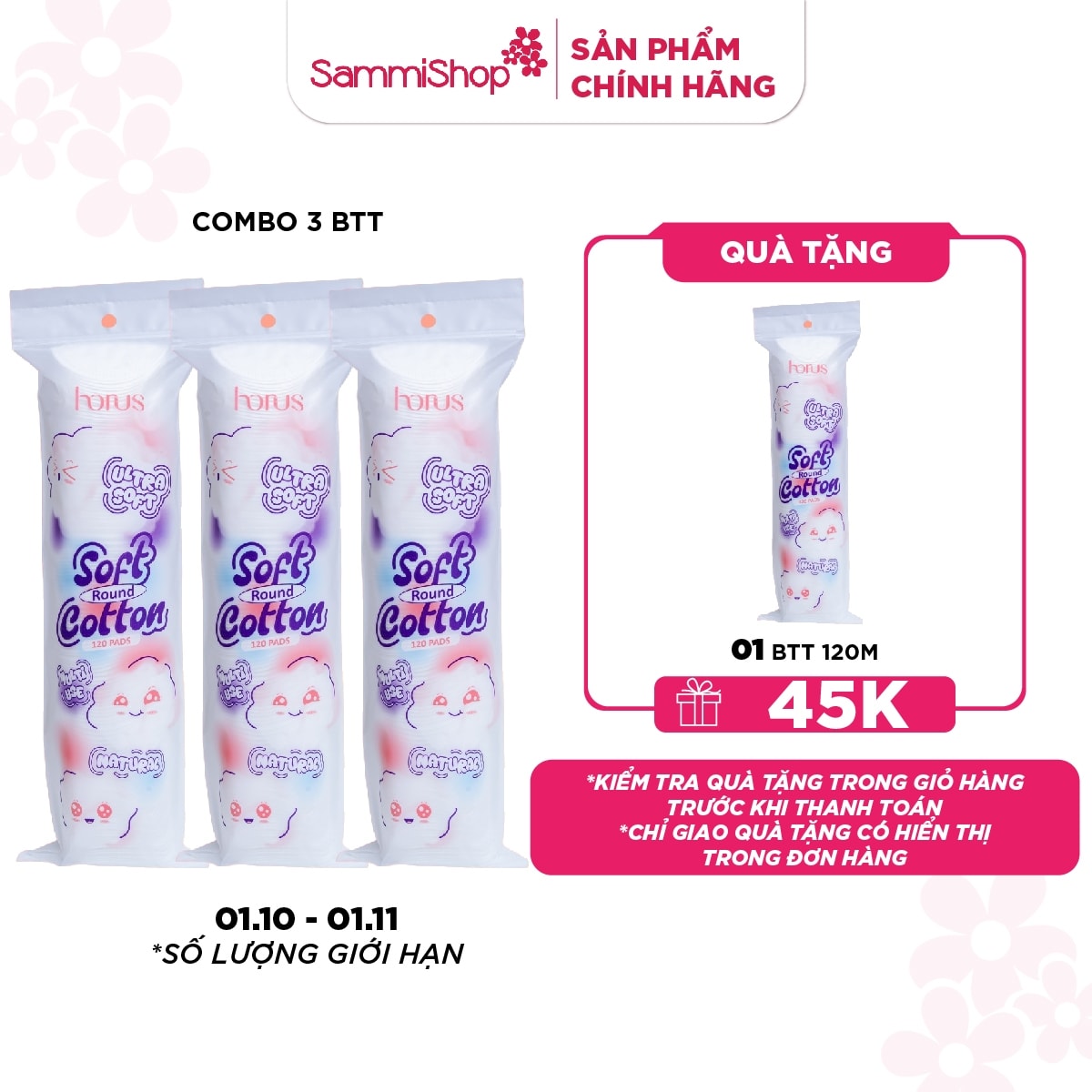 CB10 Combo 3 Horus Bông tẩy trang tròn Round Soft Cotton Pads 120 pads - Ultra Soft 1