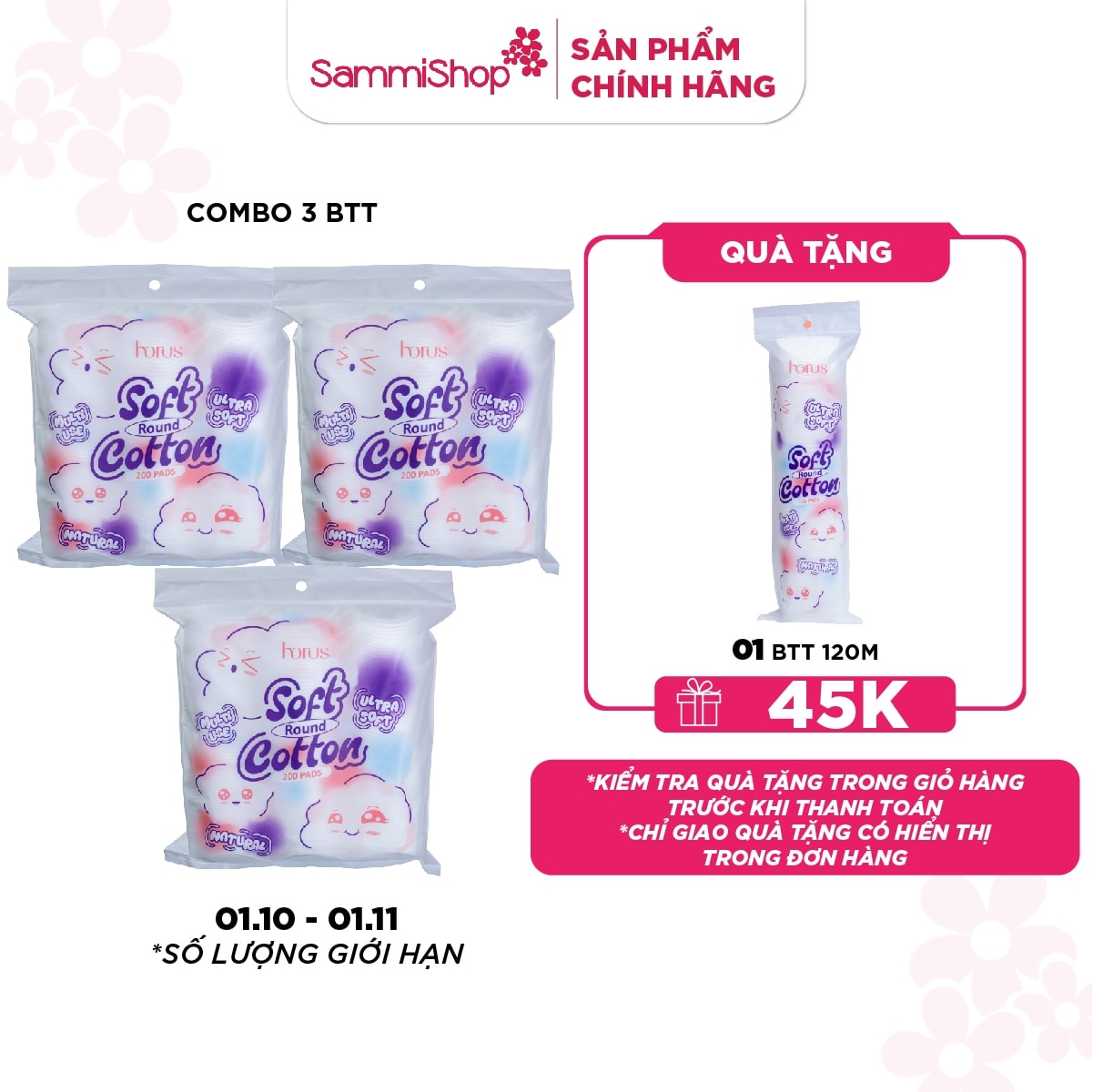 CB10 Combo 3 Horus Bông tẩy trang tròn Round Soft Cotton Pads 200 pads - Ultra Soft 1