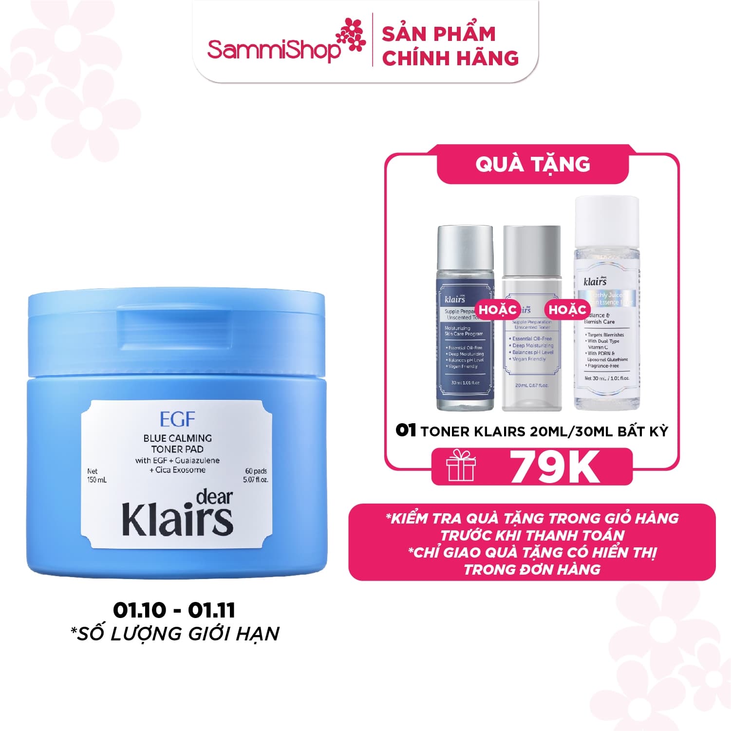 dear Klairs Miếng cotton thấm nước hoa hồng EGF Blue Calming Toner Pad 150ml thumb 1