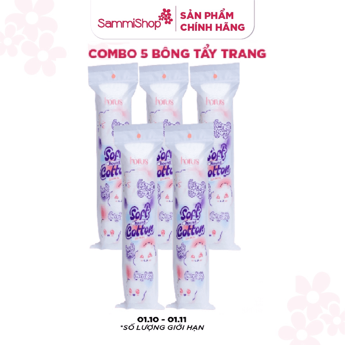 CB10 Combo 5 Horus Bông tẩy trang tròn Round Soft Cotton Pads 120 pads - Ultra Soft 1